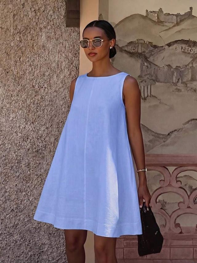 light blue linen blend sleeveless a-line mini dress