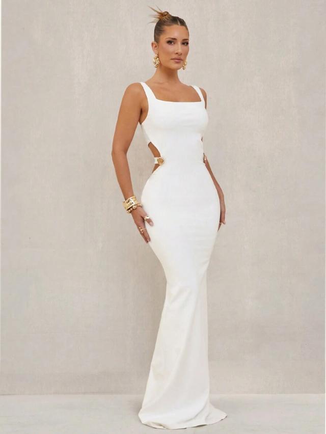 lumalex white square neck hollow metal decor tight dress
