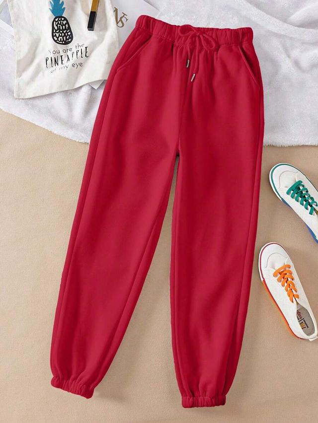 red solid drawstring waist casual sweatpants