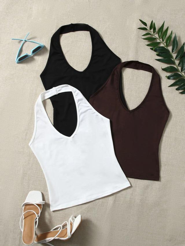 black backless halter neck tank top