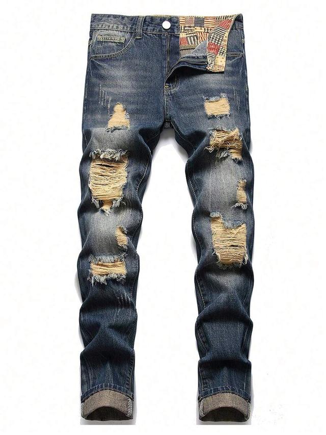 men's distressed washed dark denim straight leg jeans