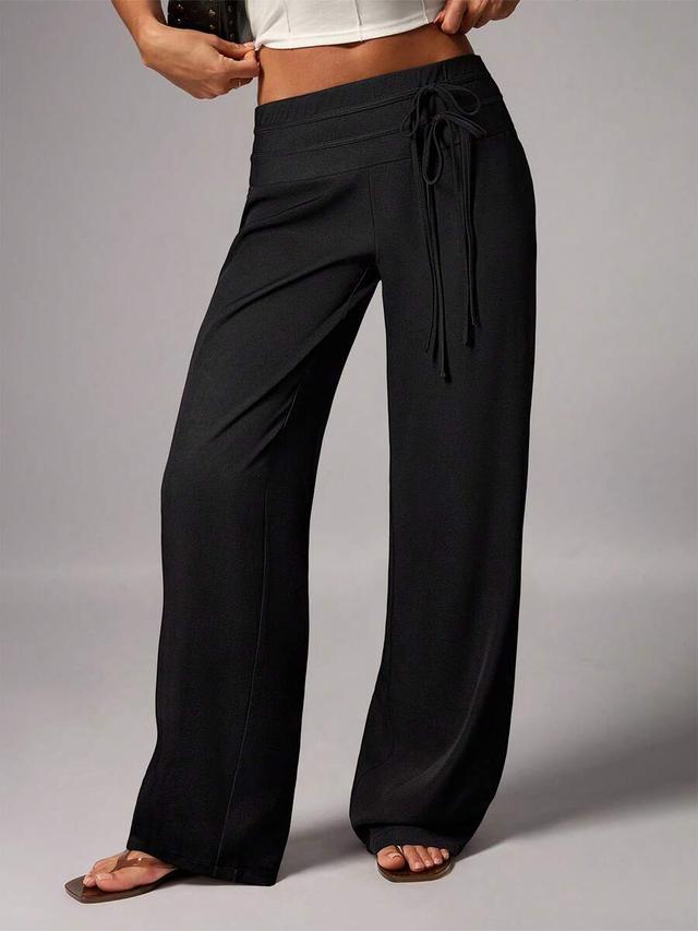 avenya women's black high waist double waistband tie leg wide leg pants