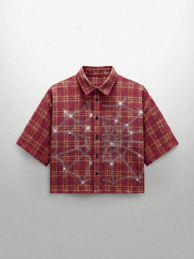 neon blanc red plaid short sleeve shirt with spider web