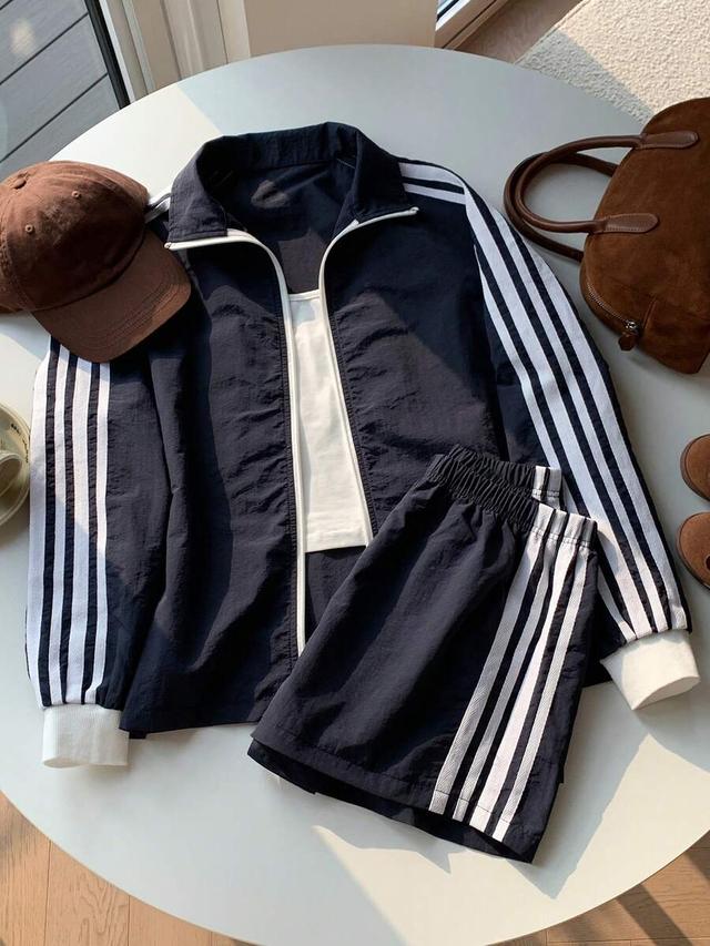 striped zip-up jacket and shorts casual set