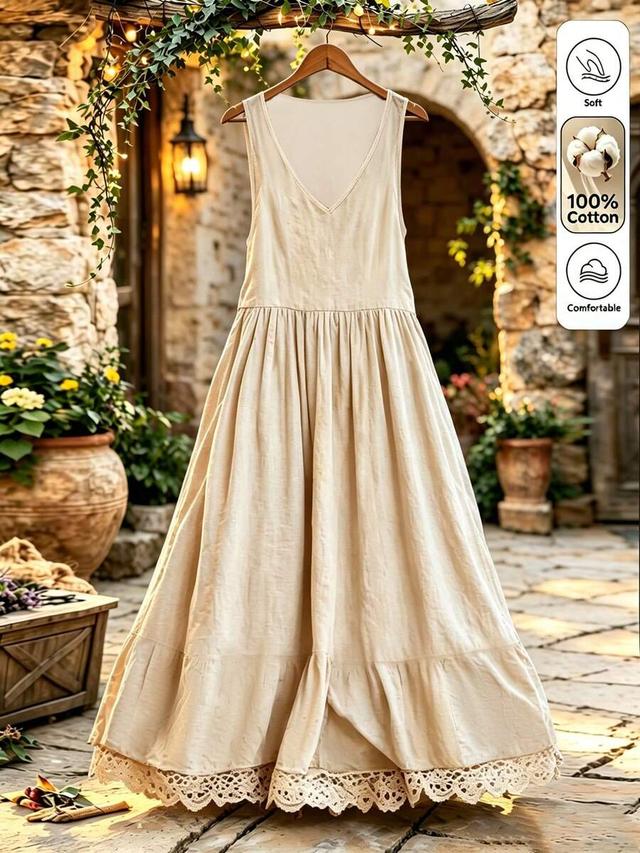 beige linen blend sleeveless maxi dress with lace hem