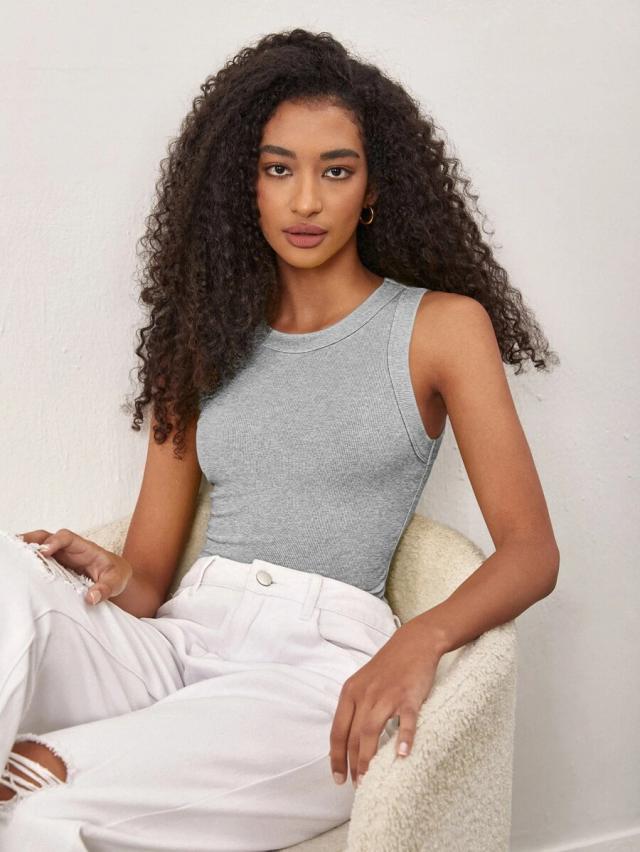solid grey ribbed slim fit tank top