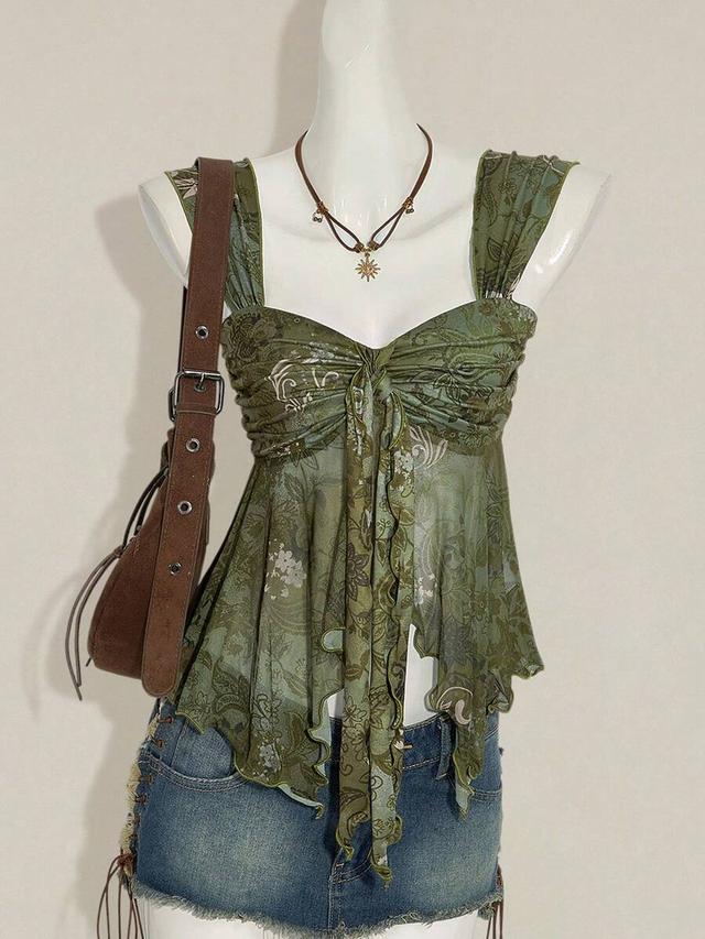 vintage boho print asymmetrical mesh tank top