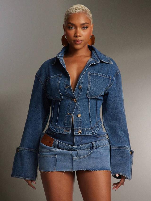 cinched waist exaggerated cuffs collared denim shirt