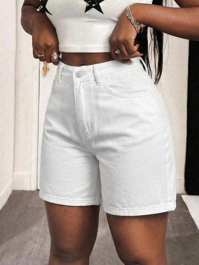 women's solid white high-waisted bermuda denim shorts