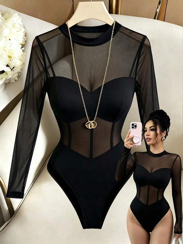 black mesh patchwork long sleeve stand collar bodysuit