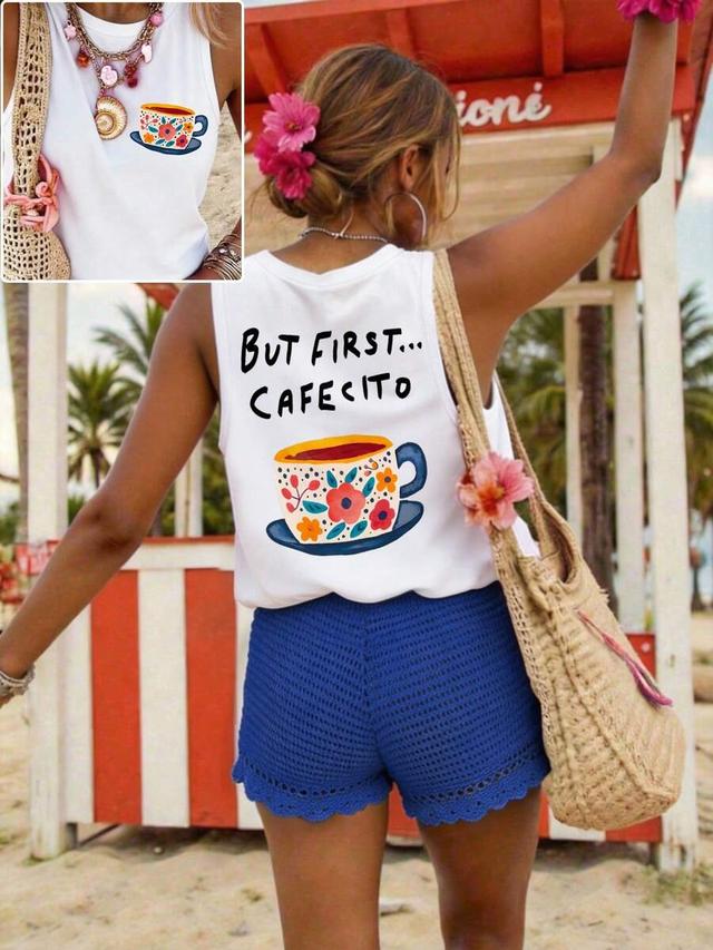 white crew neck tank top with coffee print