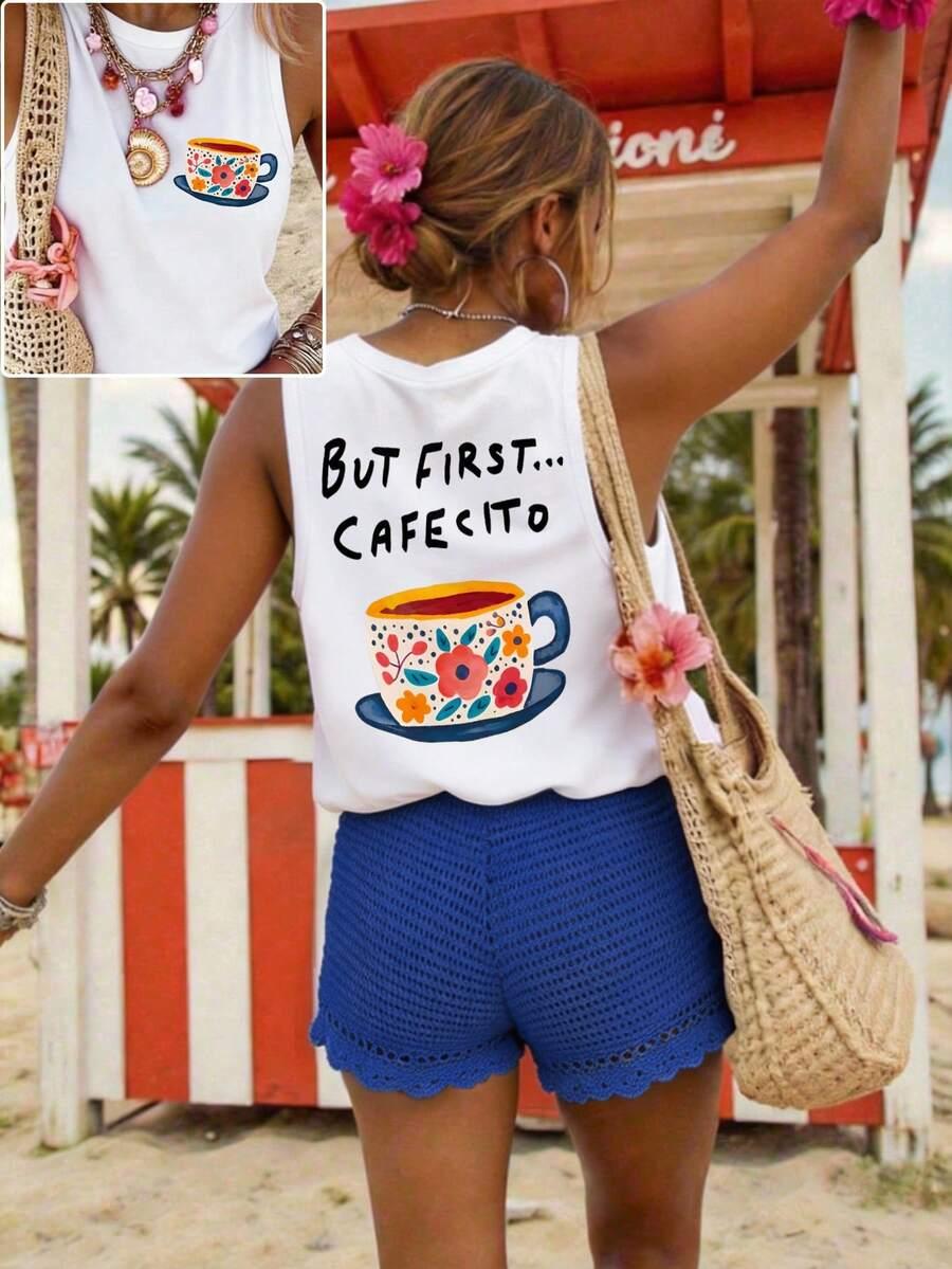 white crew neck tank top with coffee print