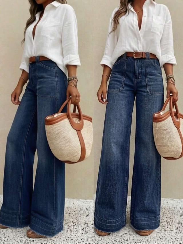 light blue women's high-waisted wide leg denim pants