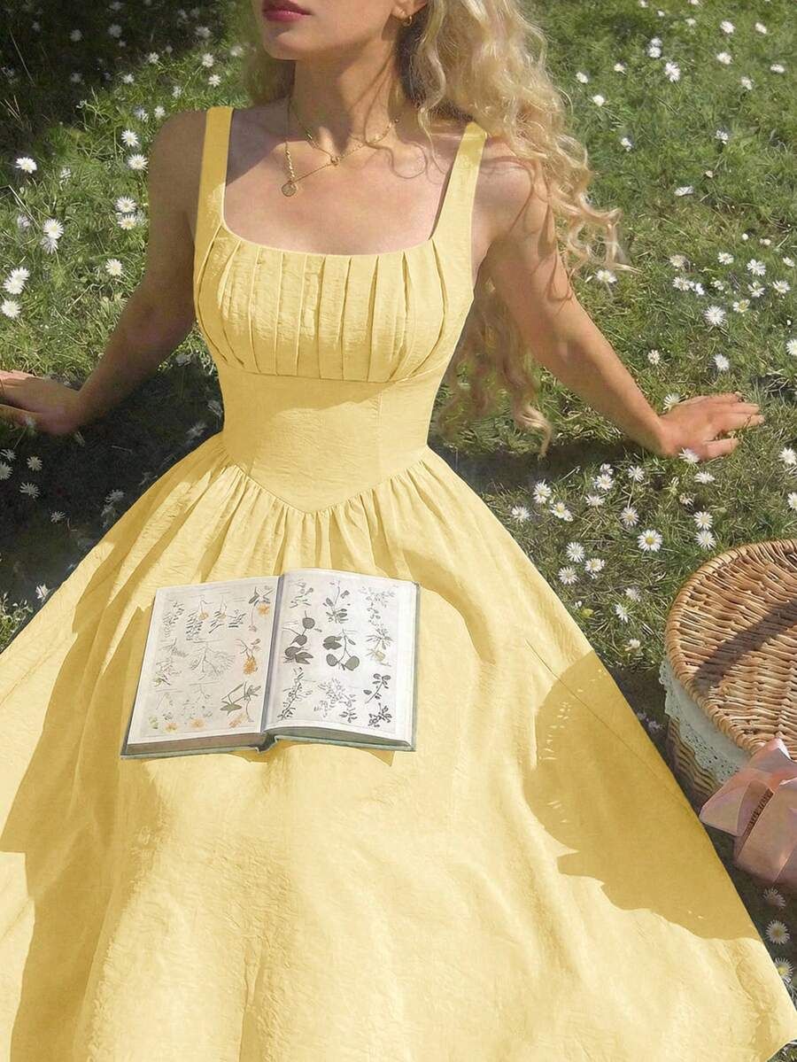 butter yellow dress flowy Midi Dress, Contemporary