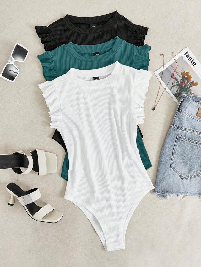 black chiquease solid color ribbed ruffle sleeve bodysuit