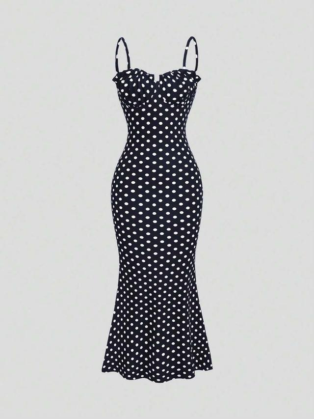 black and white polka dot backless spaghetti strap dress
