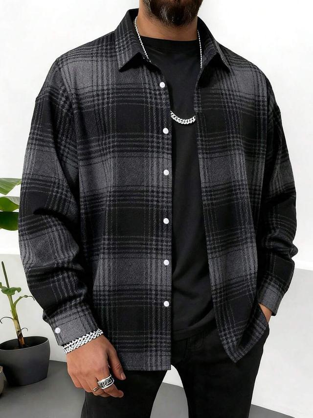 men's thick grey plaid flannel long sleeve shirt