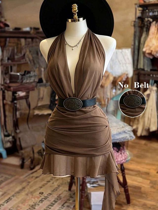 nostanoir halter neck backless ruffle hem brown dress