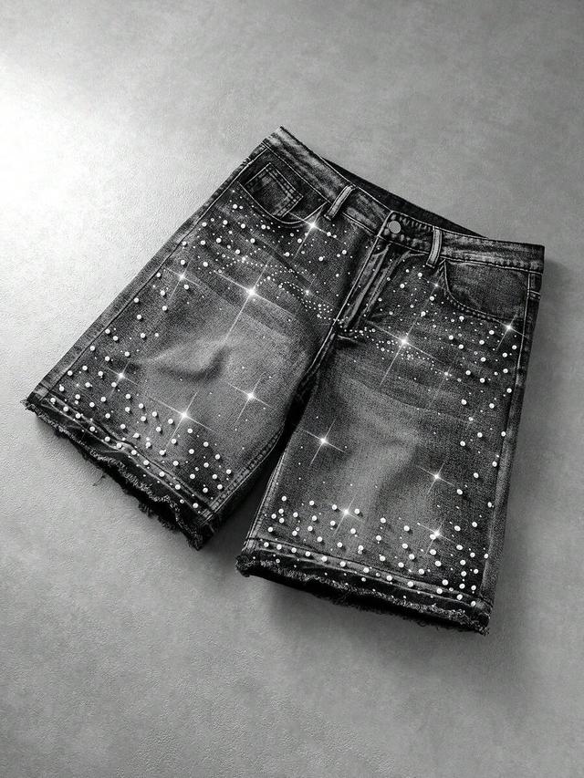 beaded rhinestone decorated black denim shorts