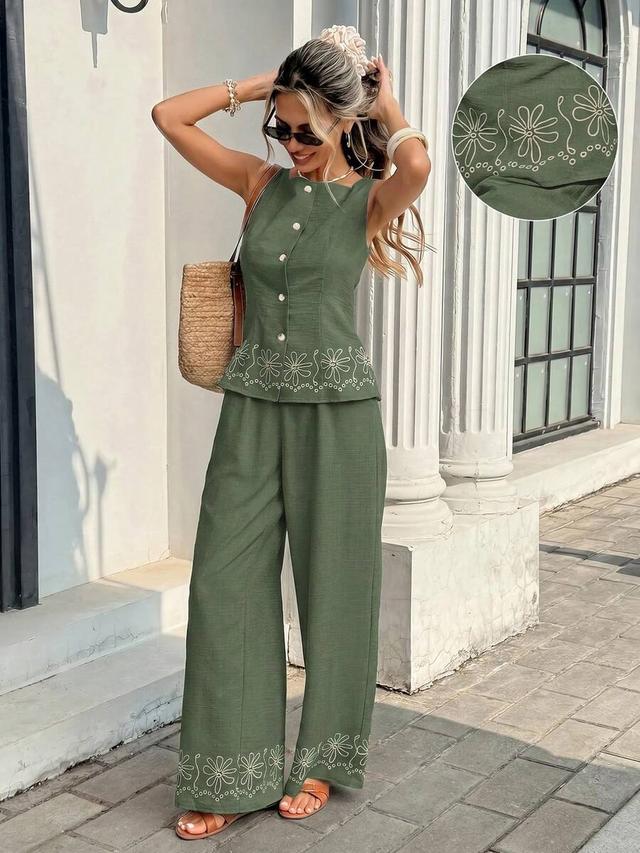 olive green floral embroidered sleeveless top and trousers set