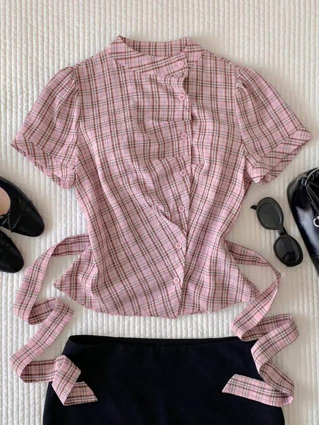 pink plaid retro short sleeve cinched shirt