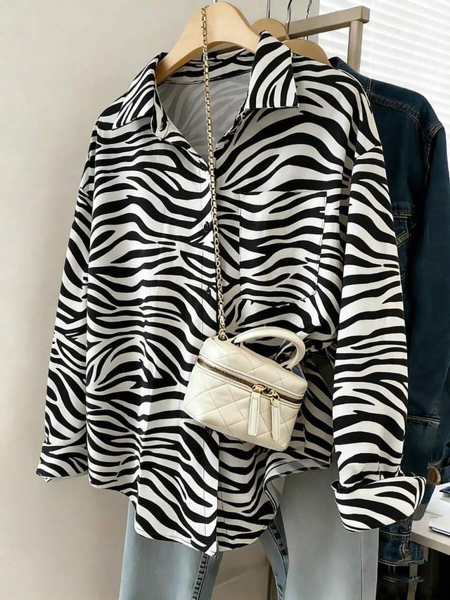 zebra striped print loose fitting long sleeved shirt
