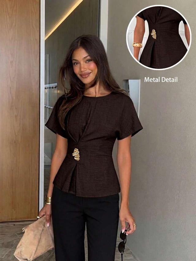 dark brown batwing sleeve pleated waist blouse
