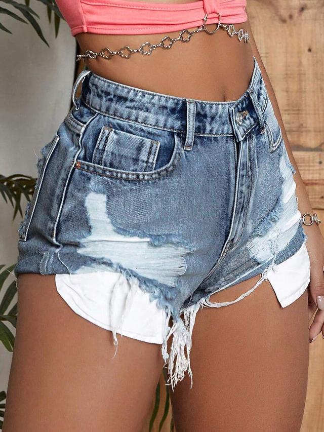 distressed denim shorts with frayed hem