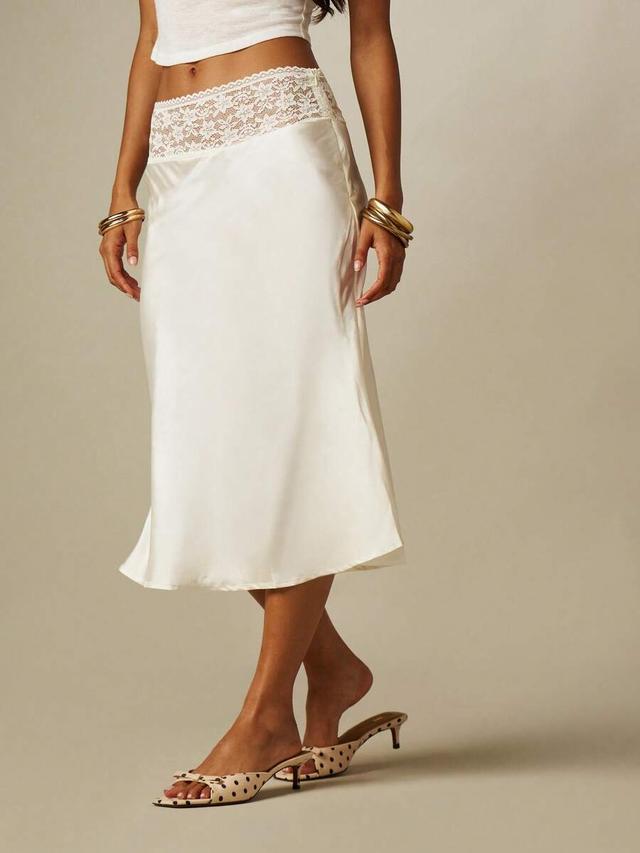 elegant midi satin skirt with lace waist detail
