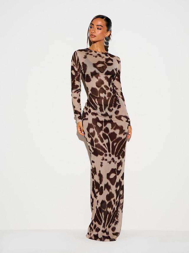 long sleeve animal print mesh maxi dress