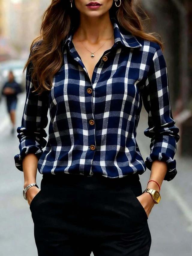 women's navy and white plaid button front blouse