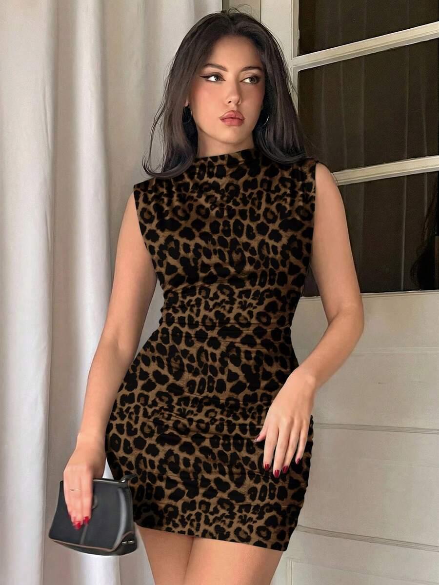 leopard print ruched bodycon midi dress