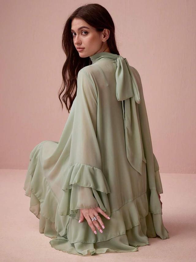 sage green ruffle sleeve a-line dress