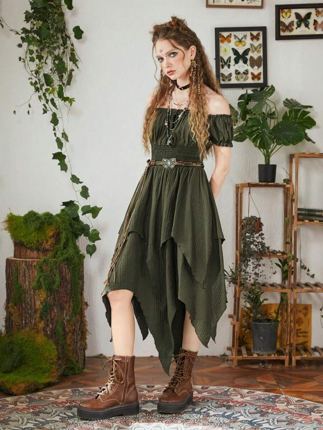 olive green off shoulder asymmetrical hem dress