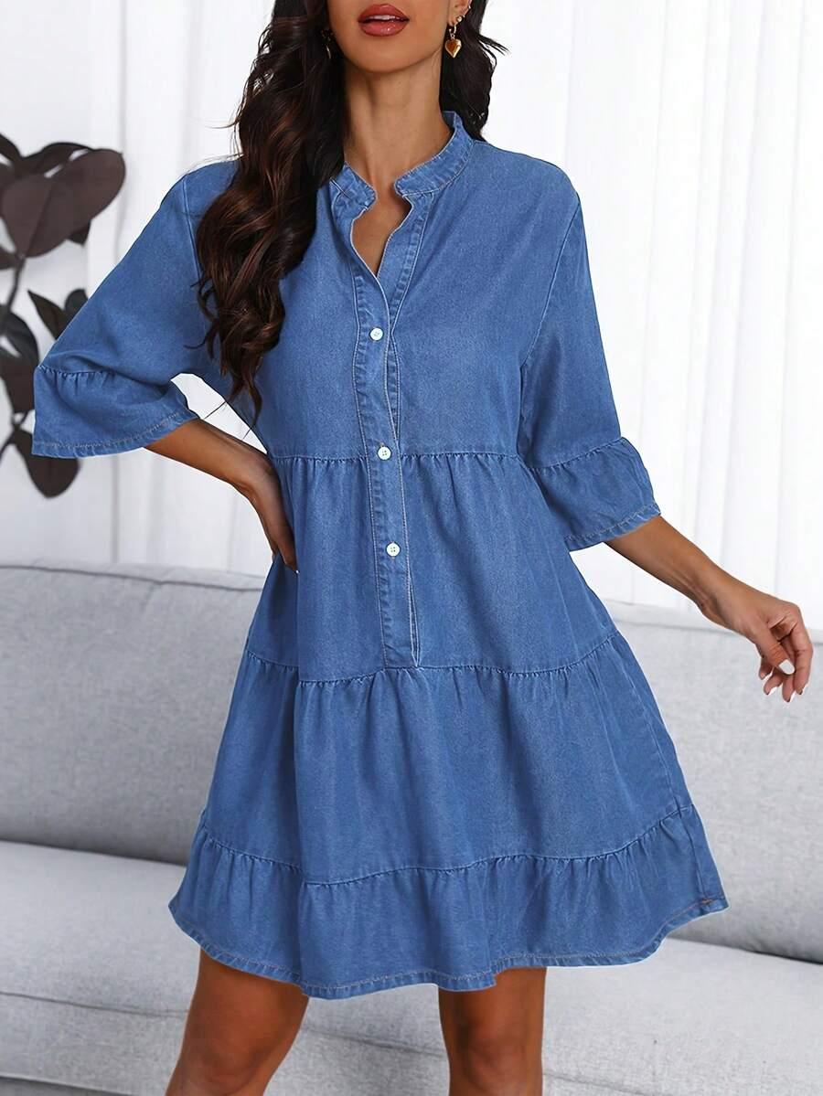 women's washed cotton denim tiered button down dress