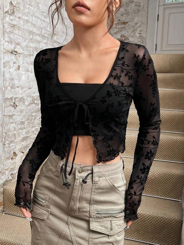 sheer black floral mesh tie-front long sleeve top