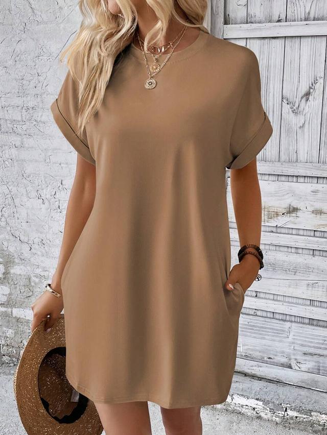 tan casual shift dress with cuffed sleeves