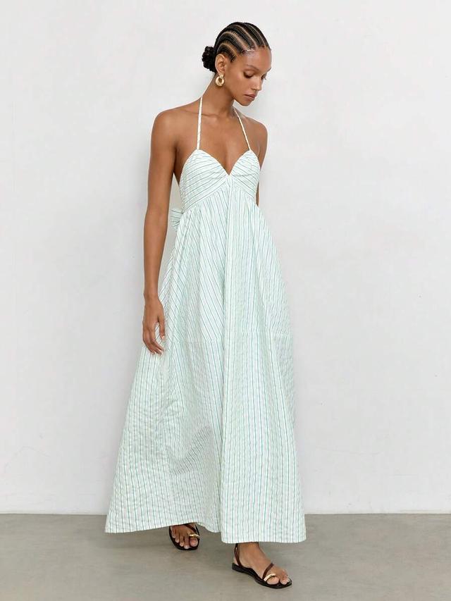 maija green and white striped backless halter dress