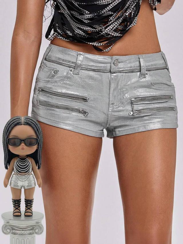 silver foil metallic low-waist denim mini shorts