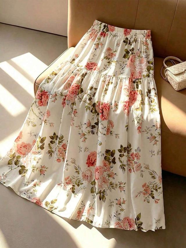 floral print elastic waist pleated maxi skirt