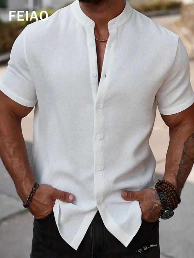 white waffle knit short sleeve polo shirt