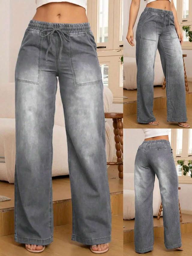 dark grey fashionable versatile women straight-leg wide denim pants