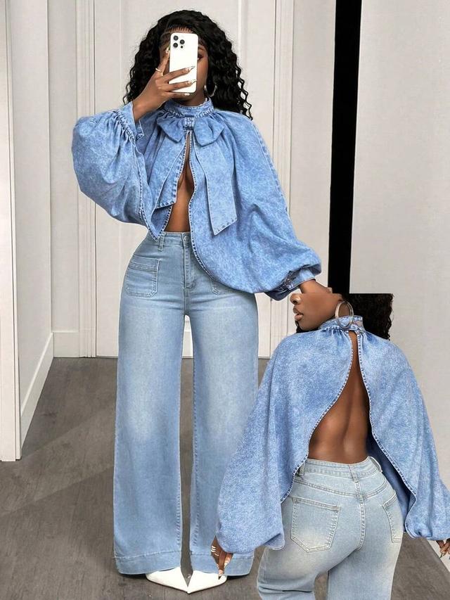 acid wash denim mock neck open back top