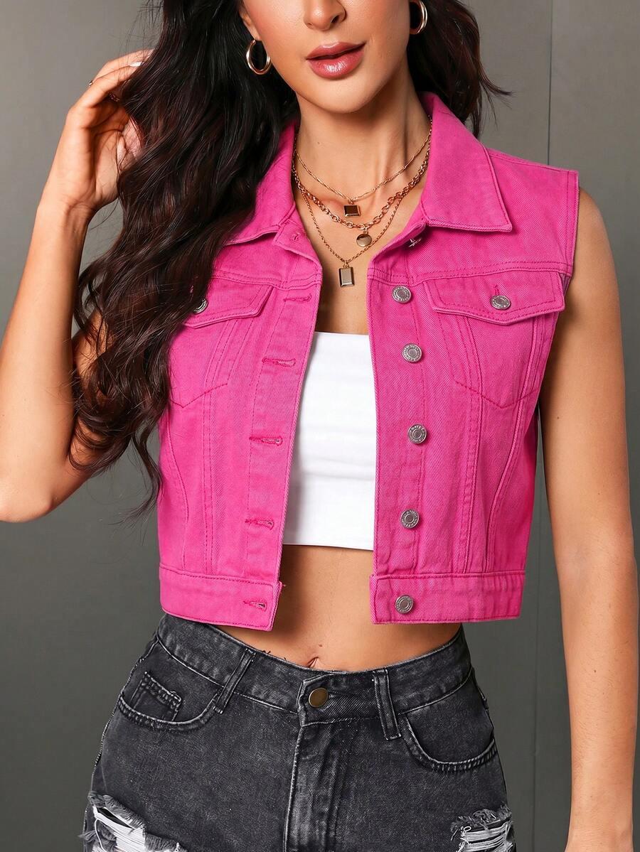 hot pink cropped denim vest