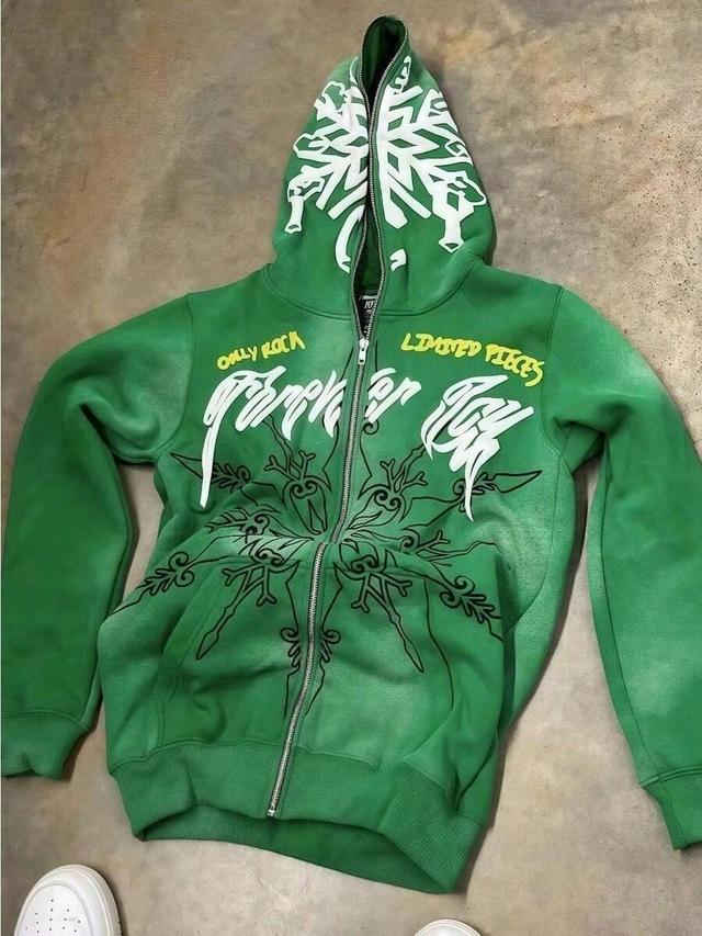 green snow pattern printed casual loose zip-up hoodie