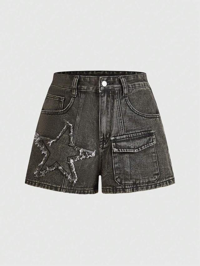 distressed star applique black denim cargo shorts