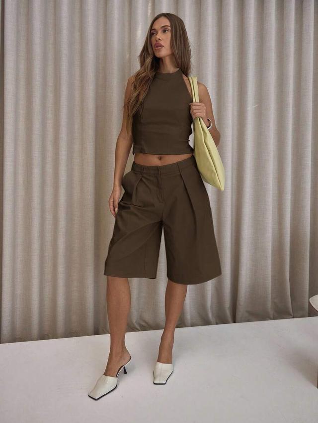 musera pleated straight fit tailored longline shorts