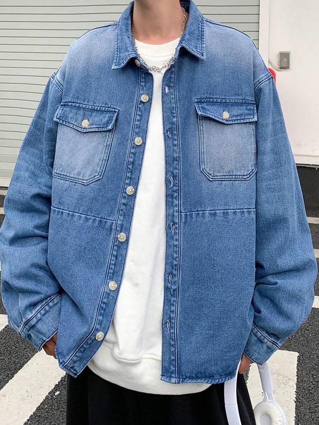 blue loose fit drop shoulder denim button up shirt