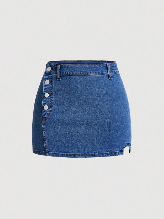 blue denim mini skirt with button front detail