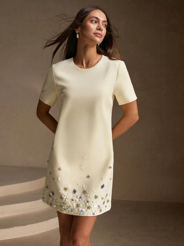 elegant beige embellished hem straight a-line short sleeve dress